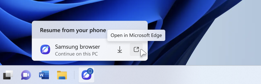 The Resume hovercard provides an option to open the webpage in the PC's default browser.
