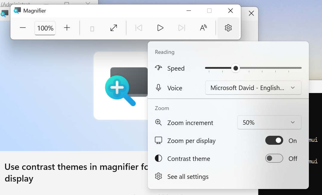 UI showing the new contrast theme toggle in Magnifier