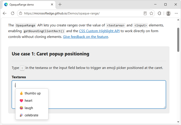 The OpaqueRange API demo page, showing a textarea. The user has entered a colon character, and a popover menu which contains emojis is displayed next to the character.