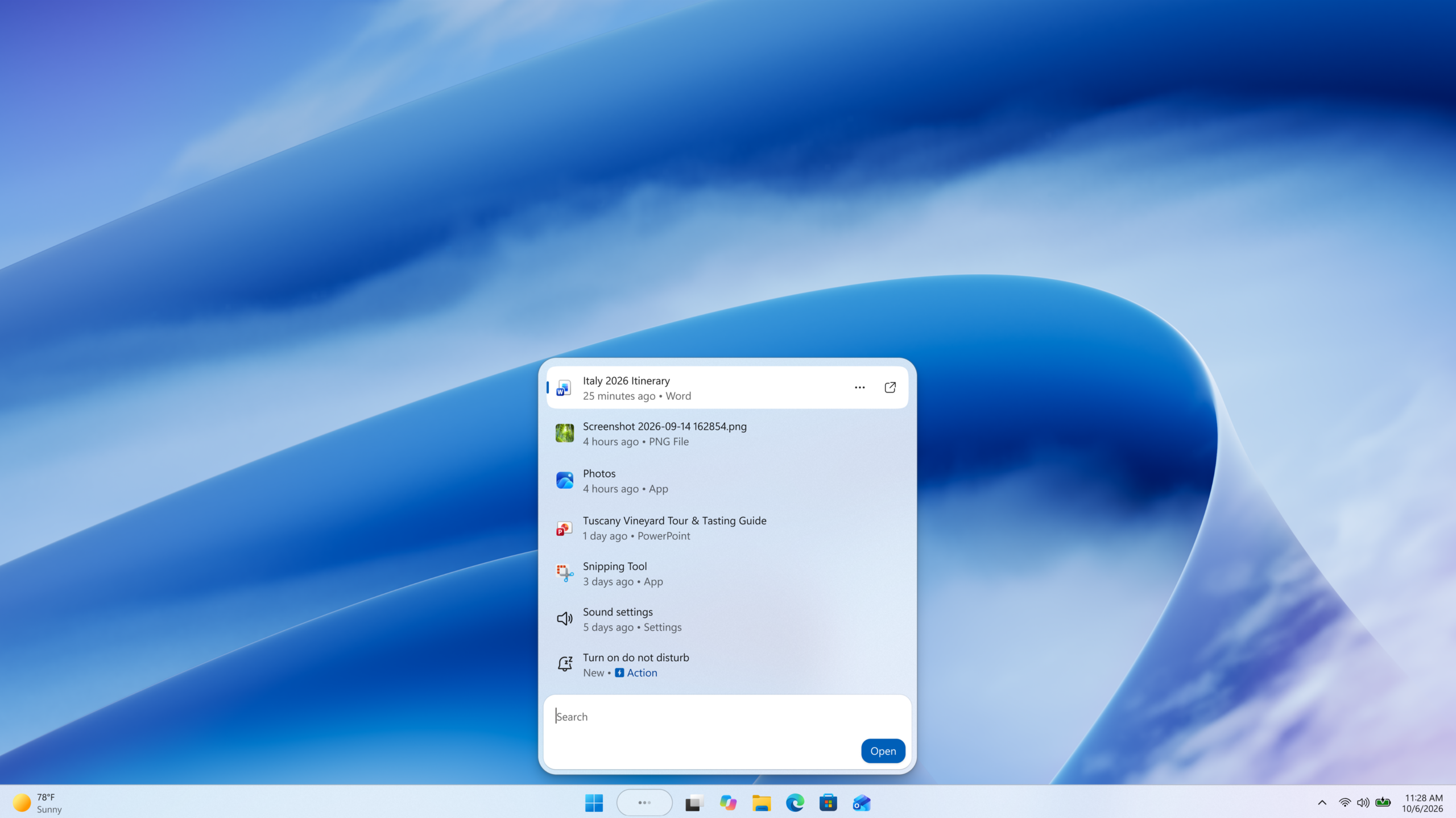 Screenshot of the new Windows Search experience