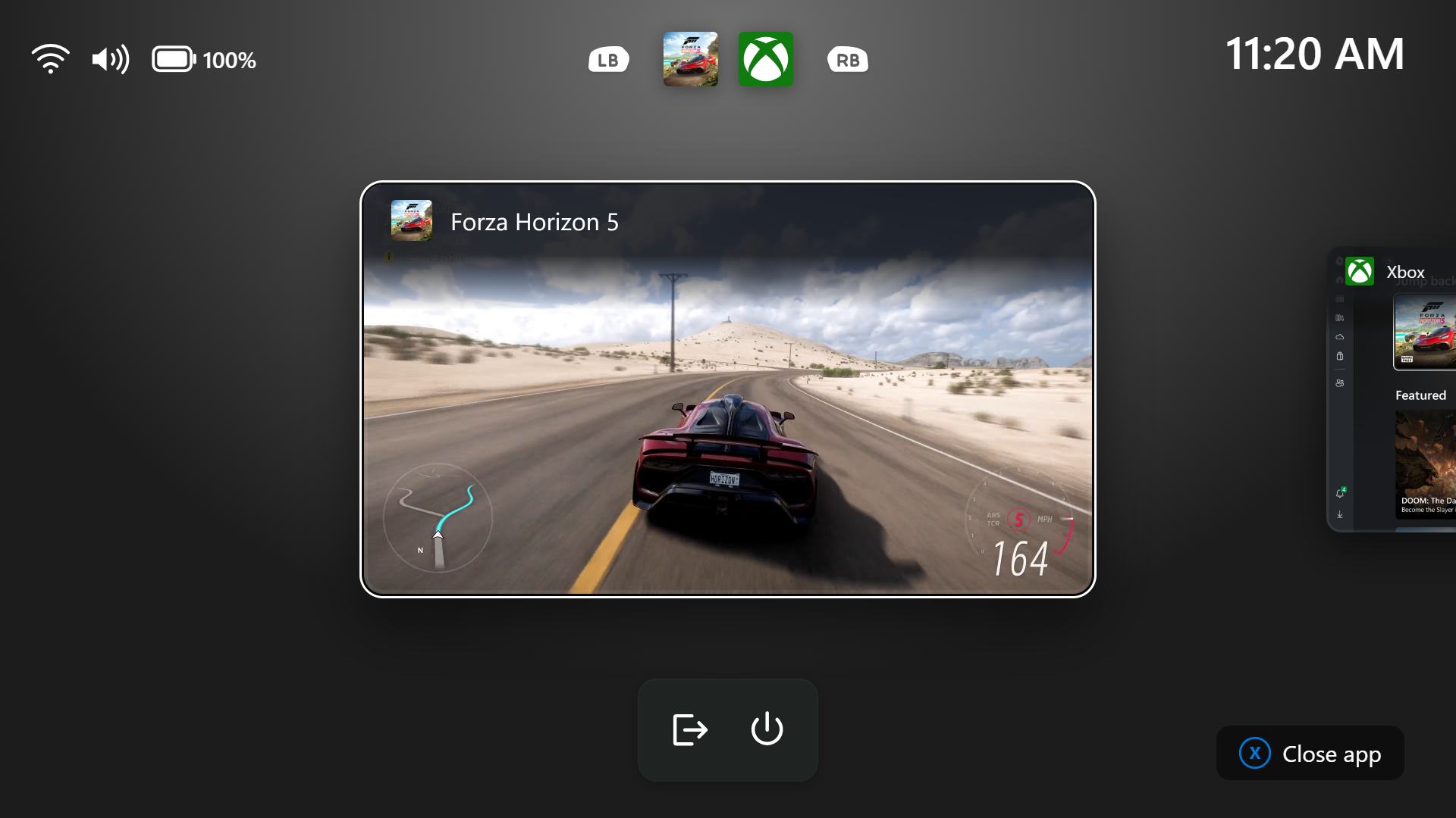 Gaming Task View showing the new navigation bar with Exit to Desktop and Power options.