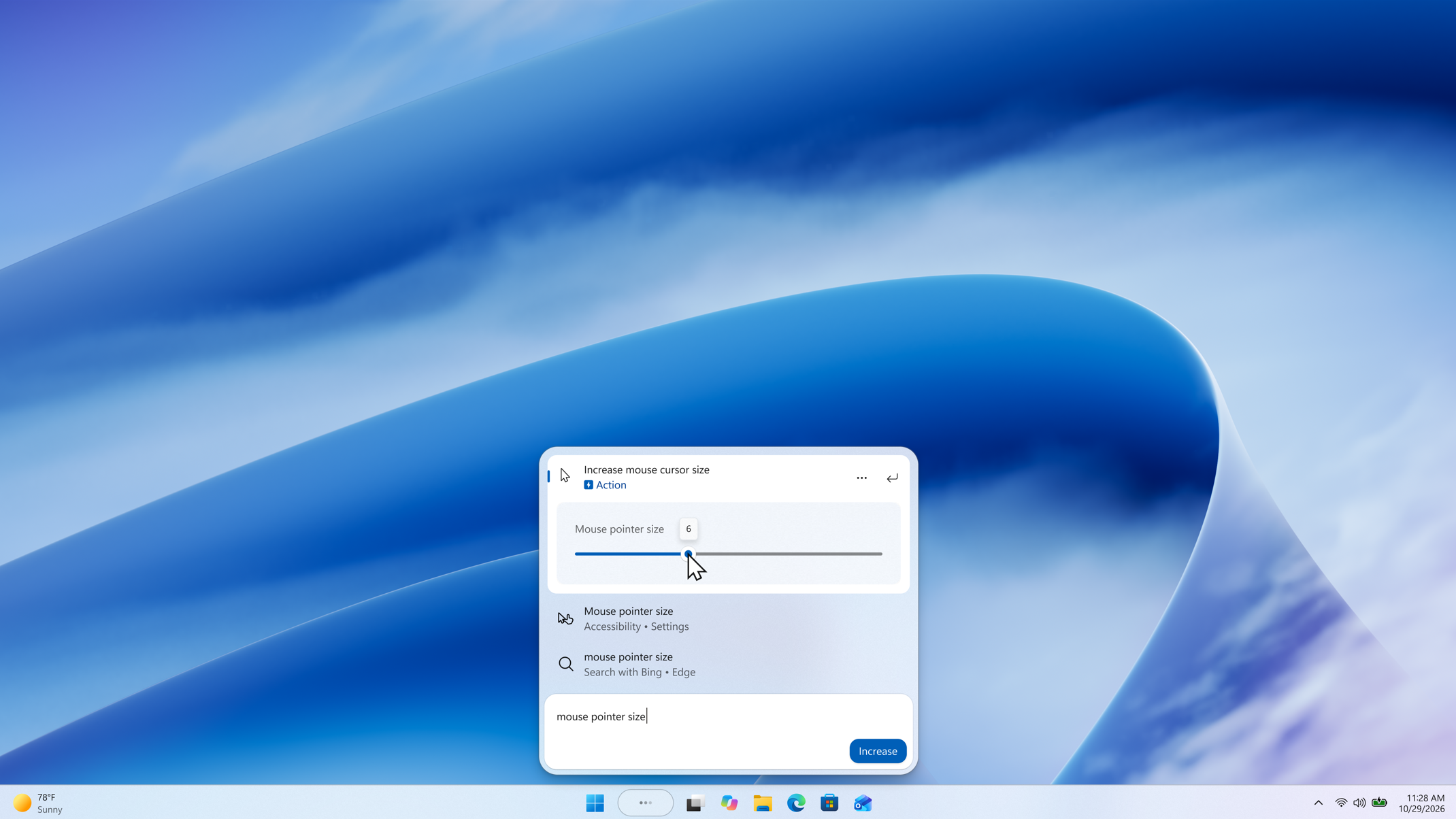 A slider control appears in inline action results, allowing the setting to be adjusted directly from Windows Search.